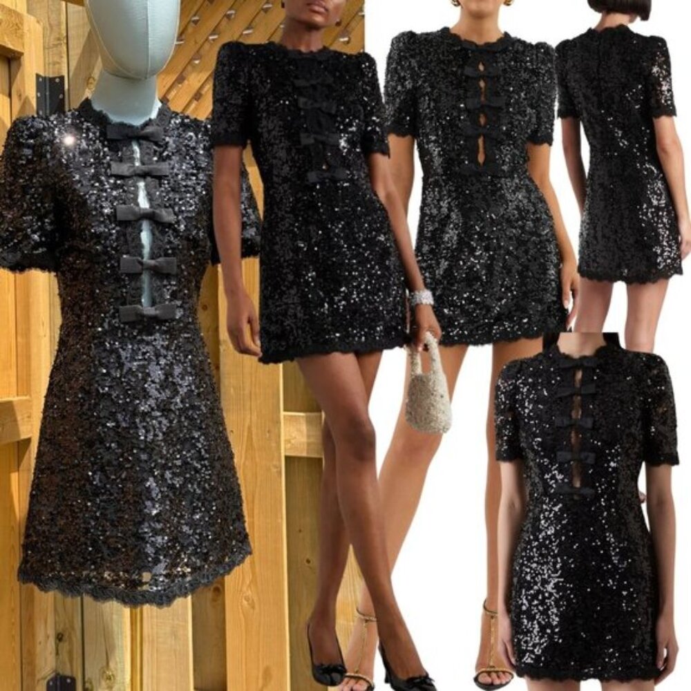🆕 REBECCA VALLANCE 🧿 NWOT x Nicky Hilton Diana Black Bow Sequin Mini, Sz US 4
